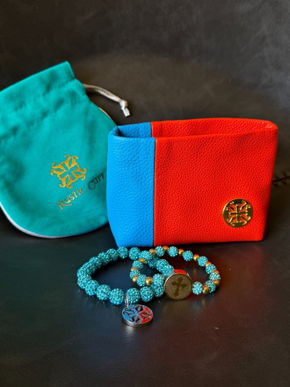 Rustic Cuff Turquoise Sparkle Pavé Bead Bracelet Set with Leather Pouch